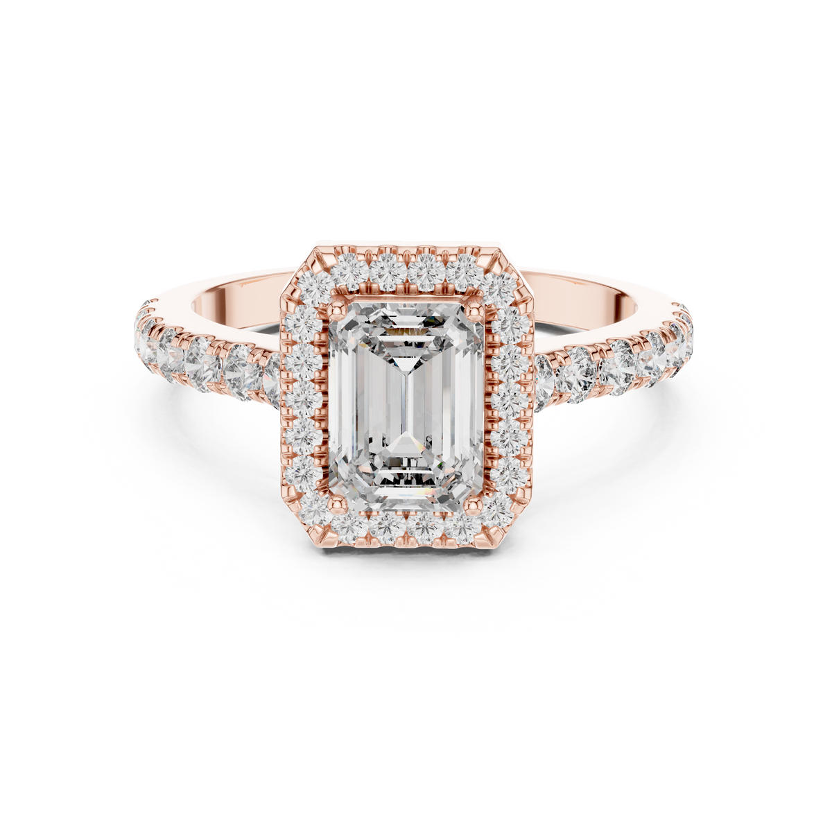 Emerald cut lab-grown diamond engagement ring with a halo and pavé band set in rose gold"