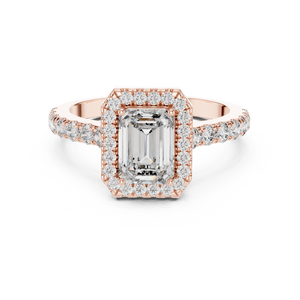 Emerald cut lab-grown diamond engagement ring with a halo and pavé band set in rose gold"