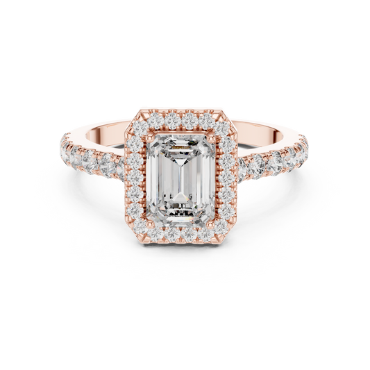 Emerald cut lab-grown diamond engagement ring with a halo and pavé band set in rose gold"
