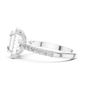 Side profile of white gold emerald cut lab grown diamond halo ring
