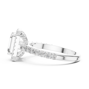Side profile of white gold emerald cut lab grown diamond halo ring

