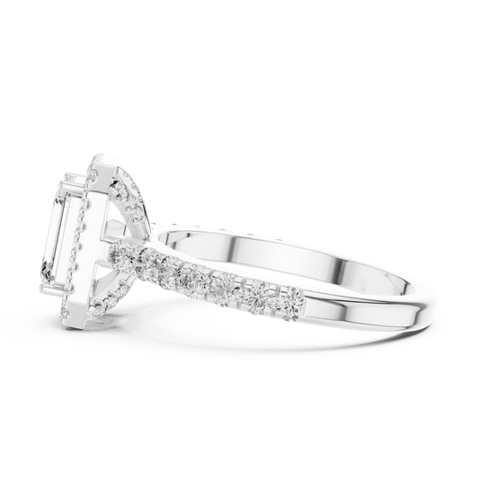 Side profile of white gold emerald cut lab grown diamond halo ring
