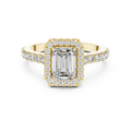Front view of yellow gold emerald cut lab grown diamond halo ring