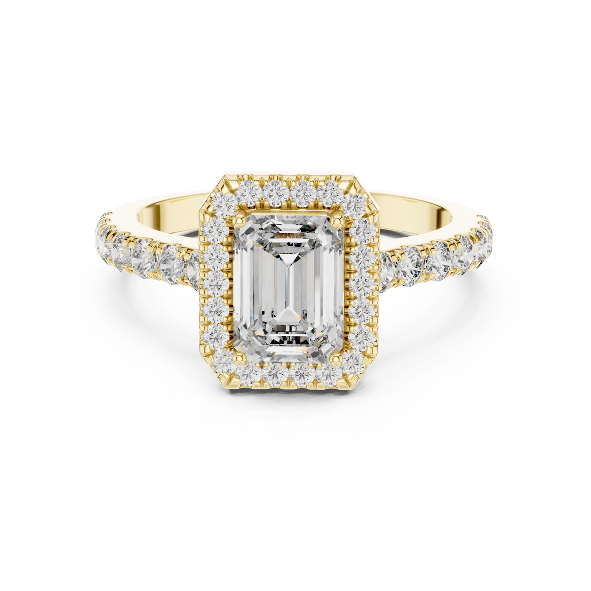 Front view of yellow gold emerald cut lab grown diamond halo ring