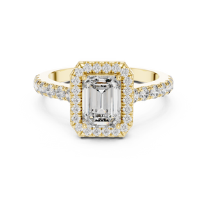 Front view of yellow gold emerald cut lab grown diamond halo ring
