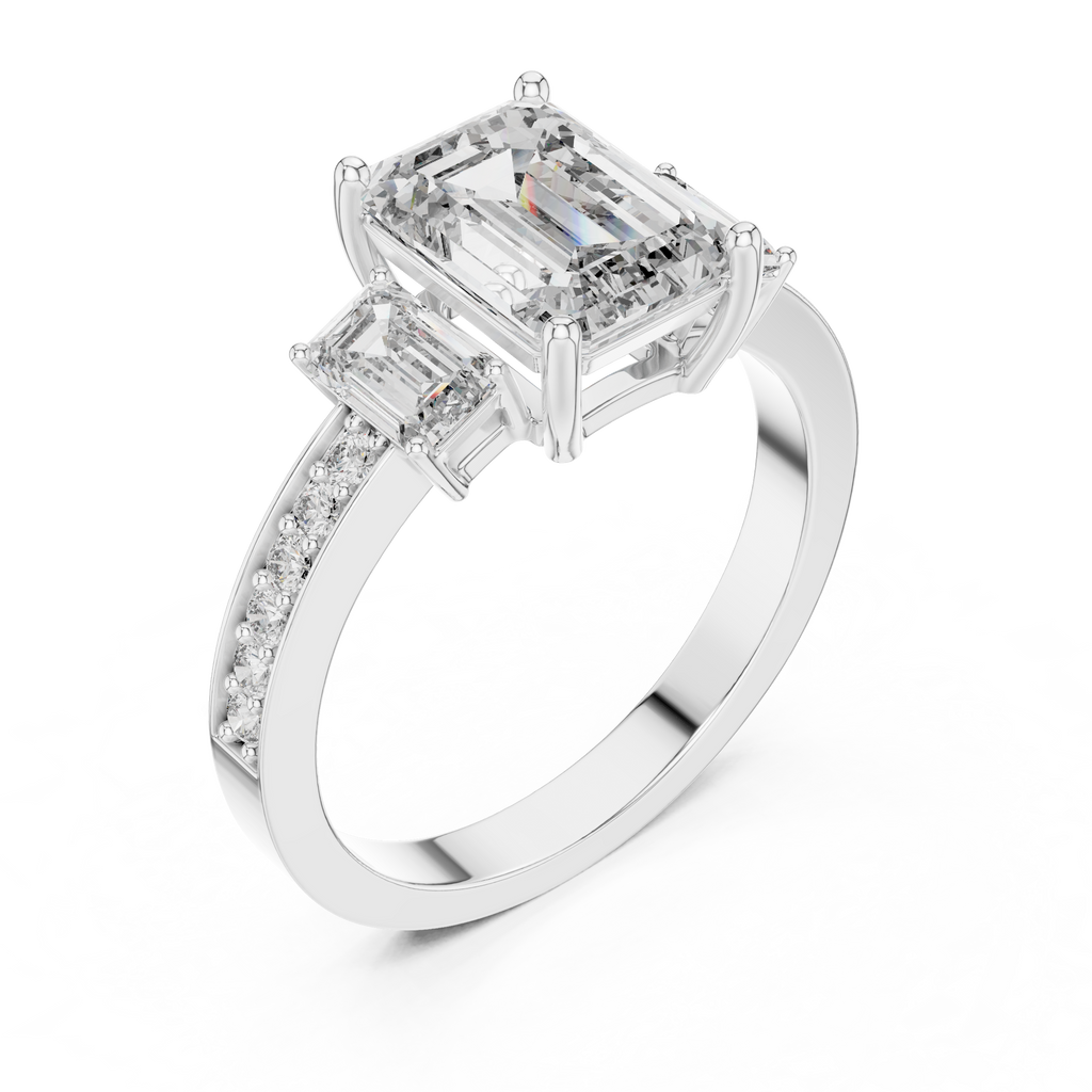 Side profile of white gold three-stone emerald cut diamond ring