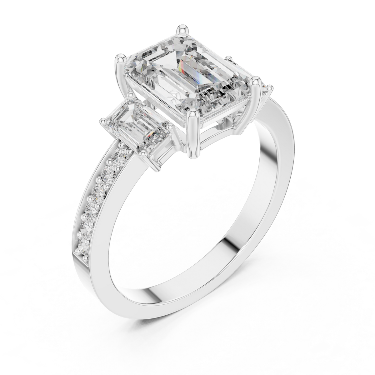 Side profile of white gold three-stone emerald cut diamond ring