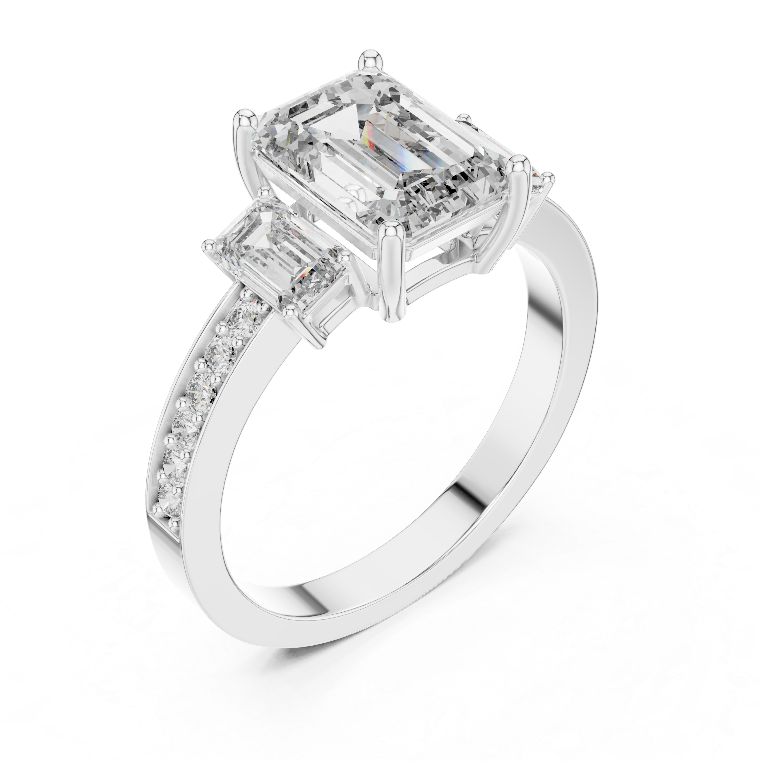 Side profile of white gold three-stone emerald cut diamond ring
