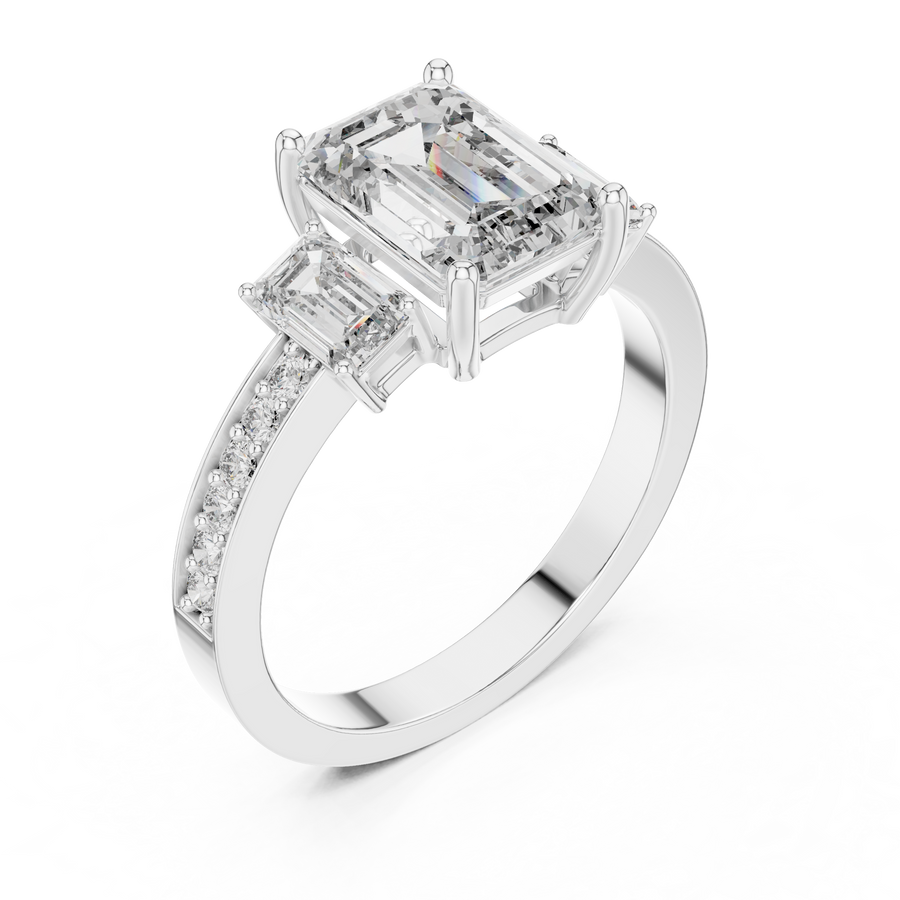 Side profile of white gold three-stone emerald cut diamond ring