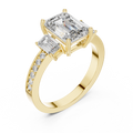 Yellow gold 3-stone emerald cut lab grown diamond ring with pave band