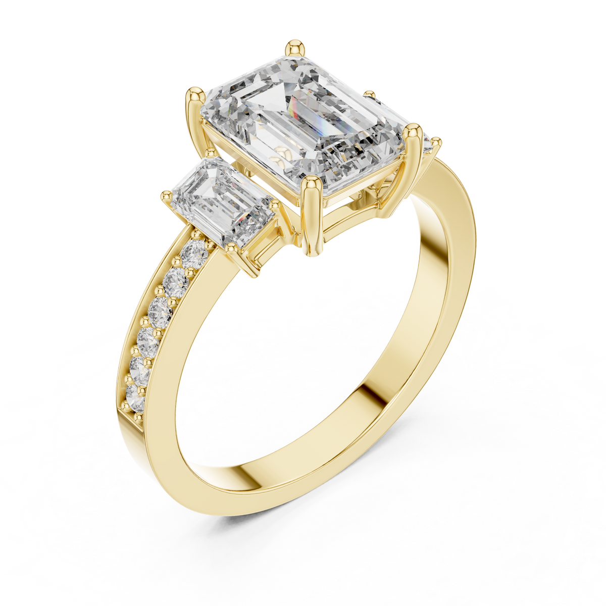 Yellow gold 3-stone emerald cut lab grown diamond ring with pave band