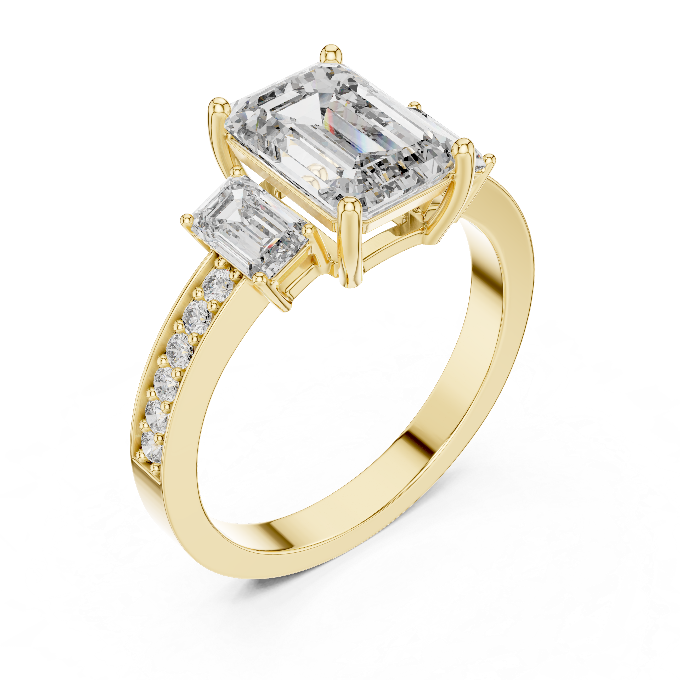Yellow gold 3-stone emerald cut lab grown diamond ring with pave band