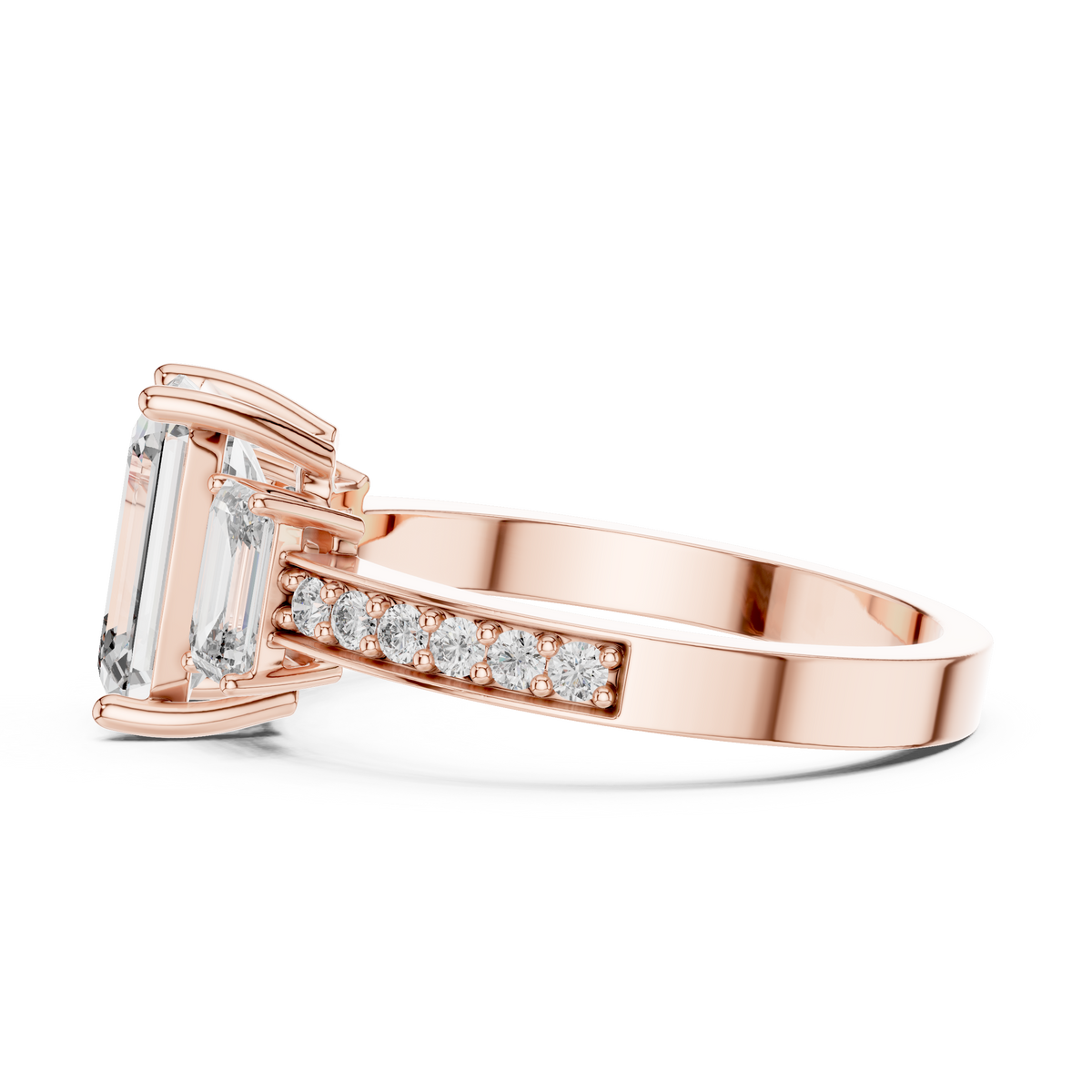 Side view of rose gold 3-stone emerald cut diamond ring