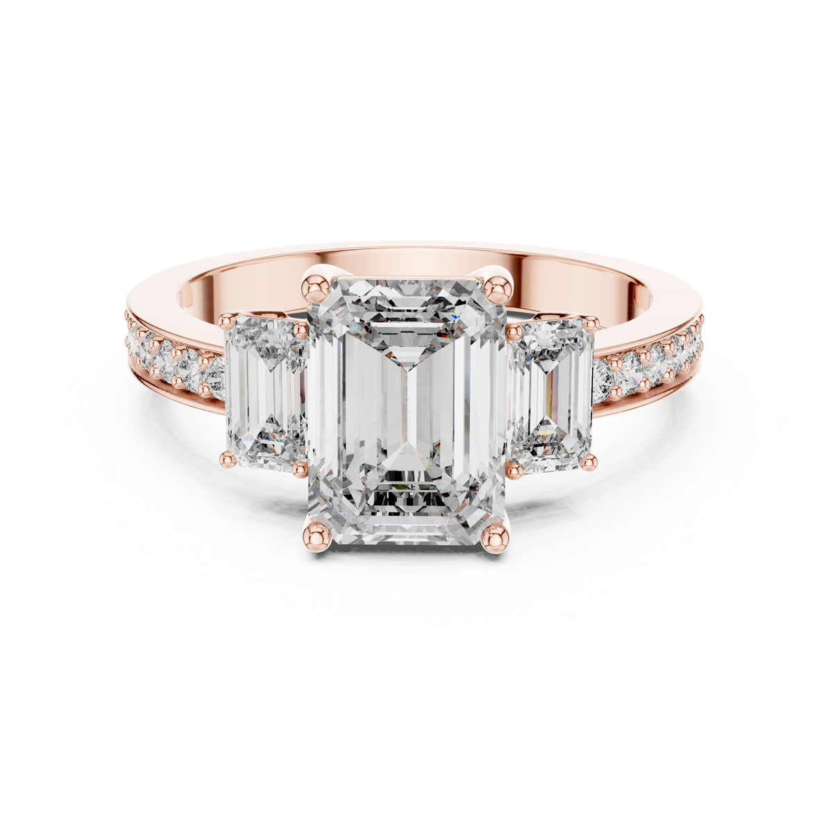 Three-Stone Emerald Cut Lab-Grown Diamond Ring in Rose Gold