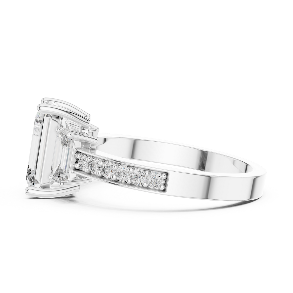 Side profile of white gold three-stone emerald cut diamond ring