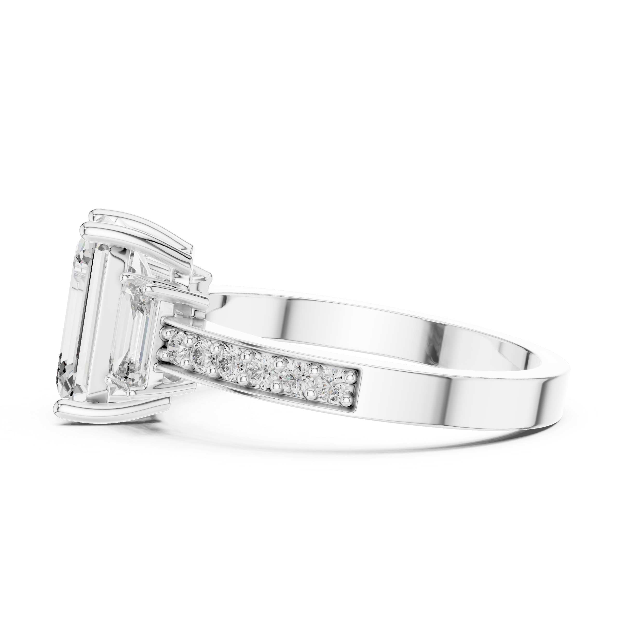 Side profile of white gold three-stone emerald cut diamond ring