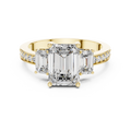 Yellow gold 3-stone emerald cut lab grown diamond ring with pave band
