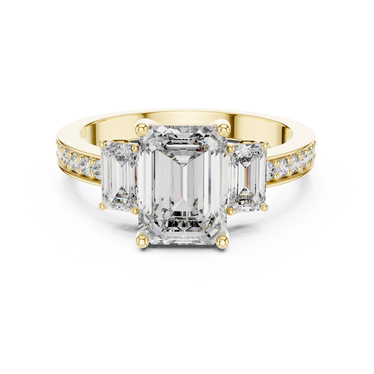 Yellow gold 3-stone emerald cut lab grown diamond ring with pave band