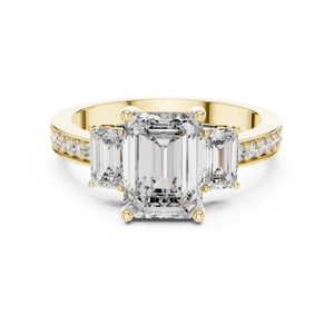 Yellow gold 3-stone emerald cut lab grown diamond ring with pave band