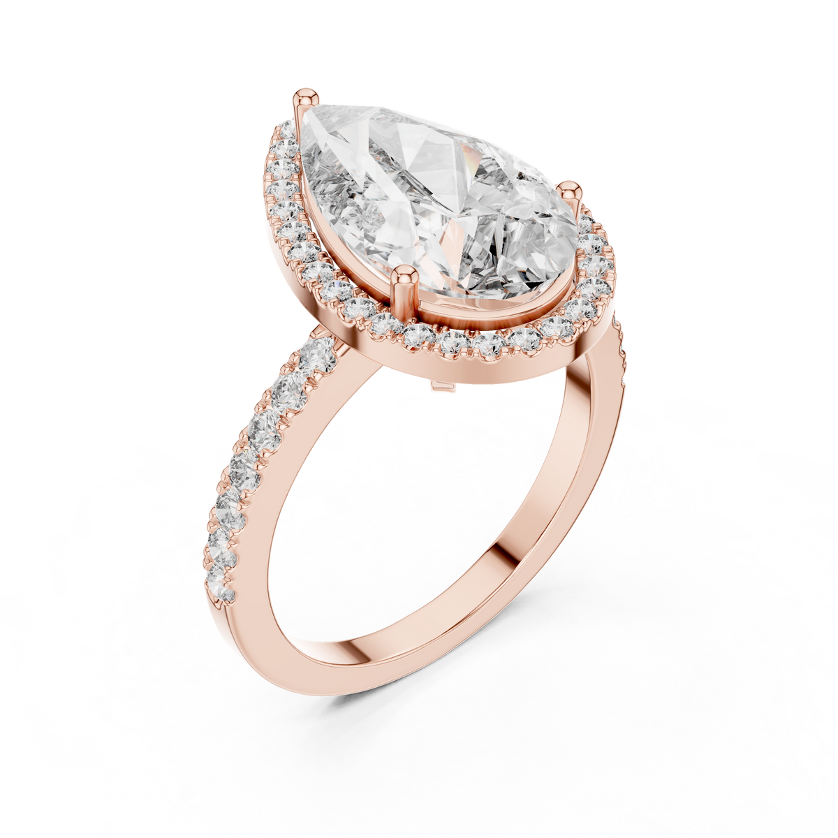 Pear-cut diamond halo engagement ring in rose gold setting