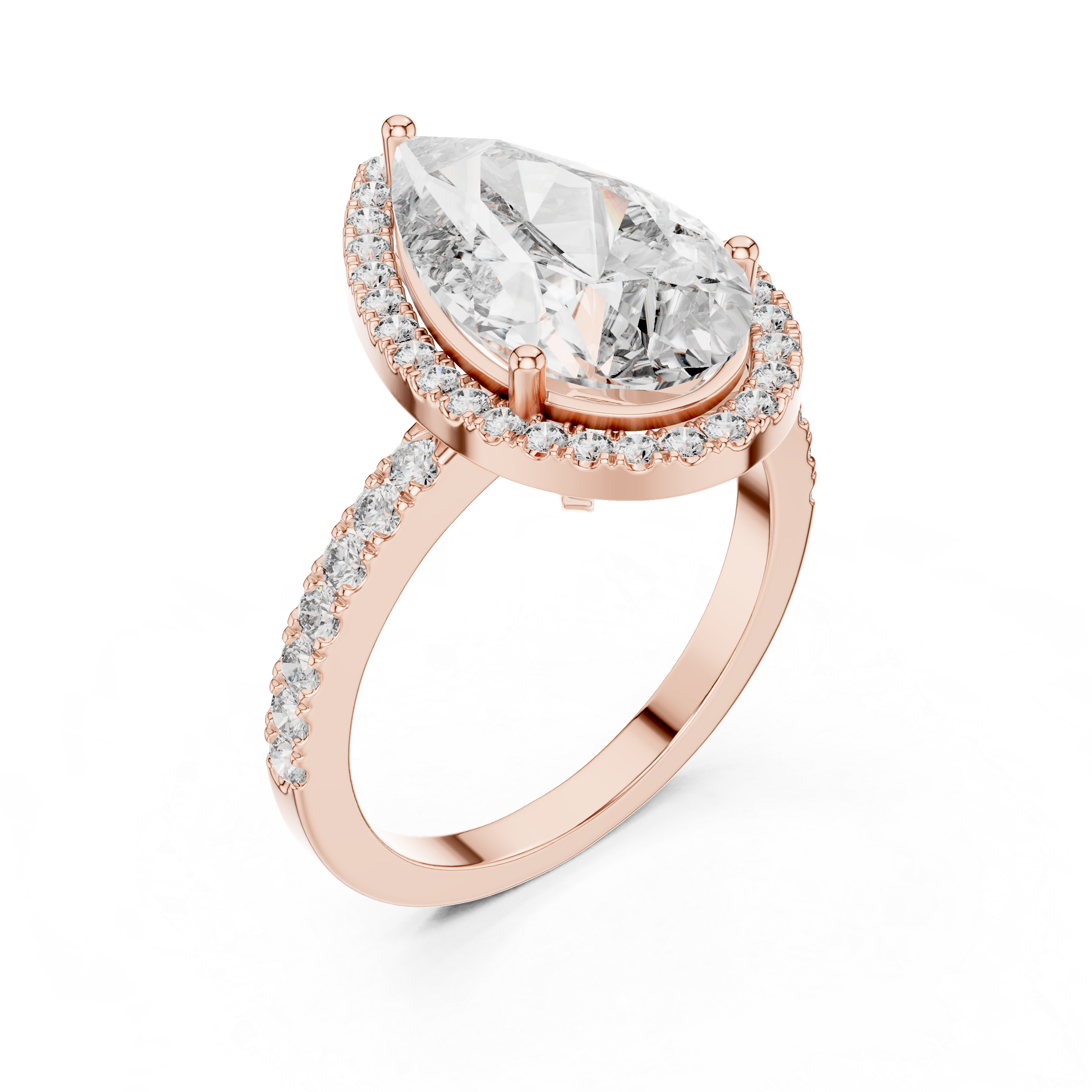 Pear-cut diamond halo engagement ring in rose gold setting