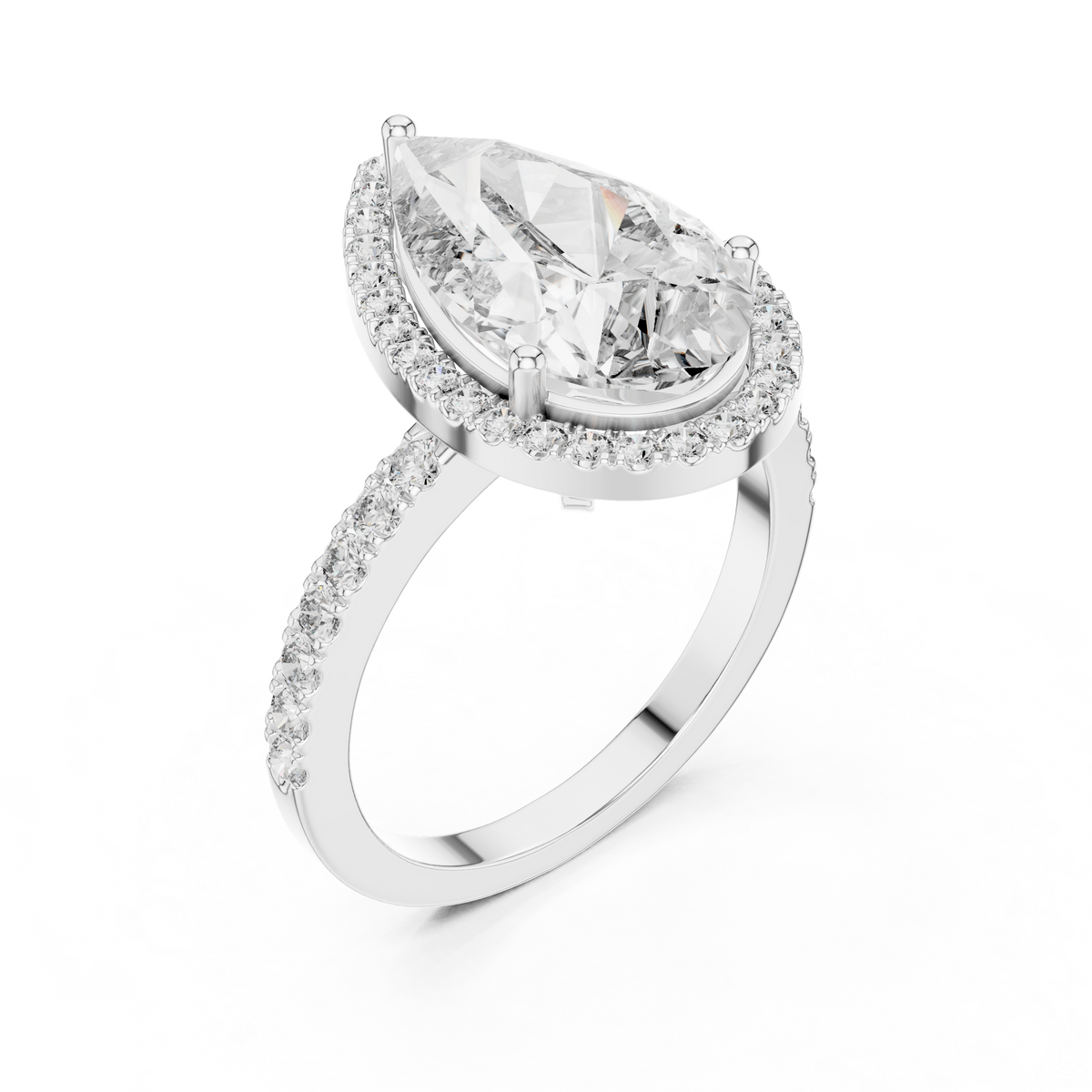 Pear-cut diamond halo engagement ring in white gold