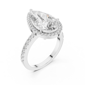 Pear-cut diamond halo engagement ring in white gold