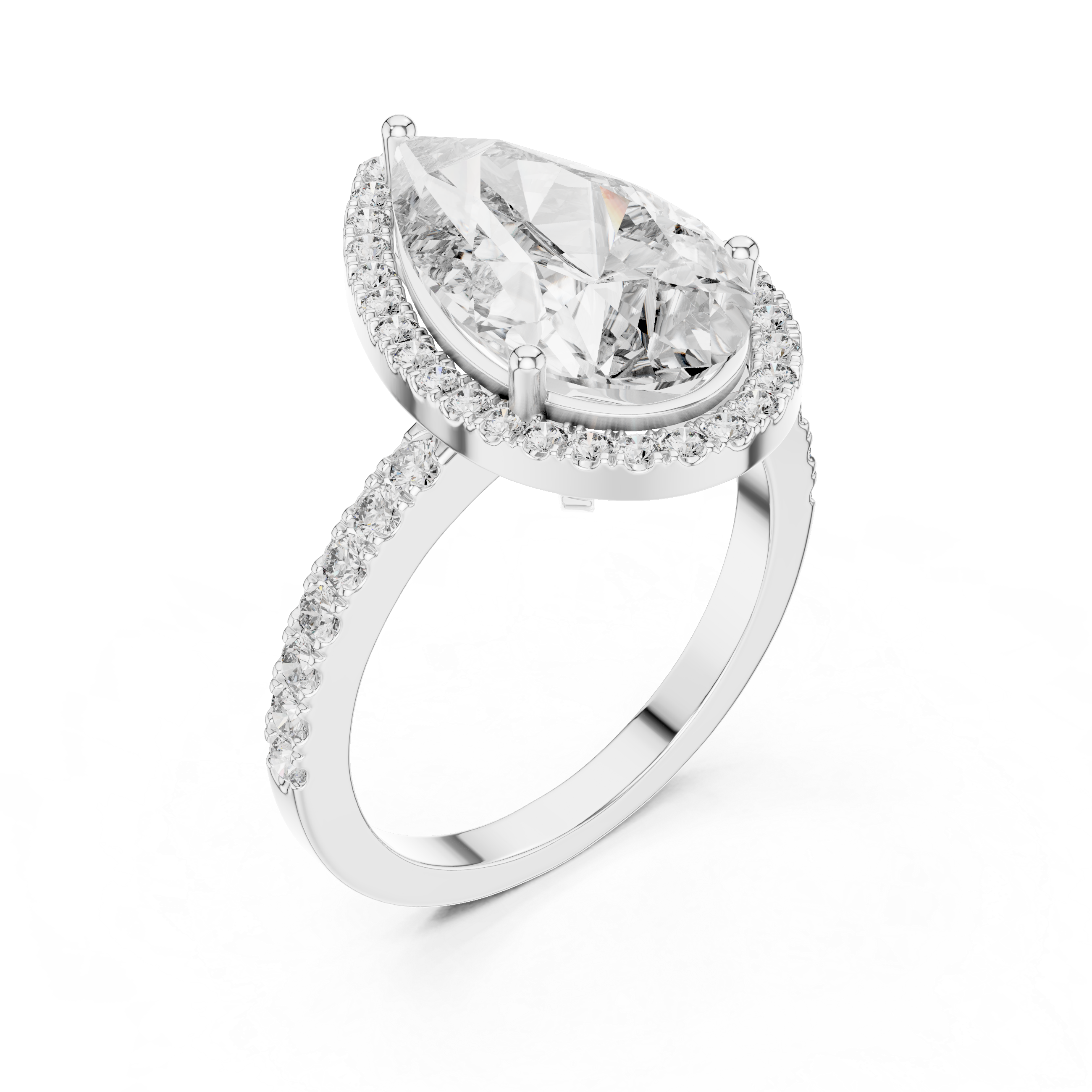 Pear-cut diamond halo engagement ring in white gold