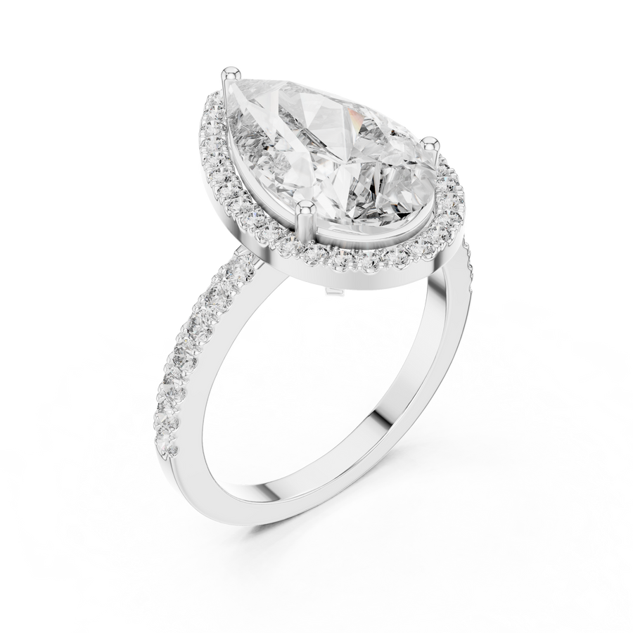 Pear-cut diamond halo engagement ring in white gold