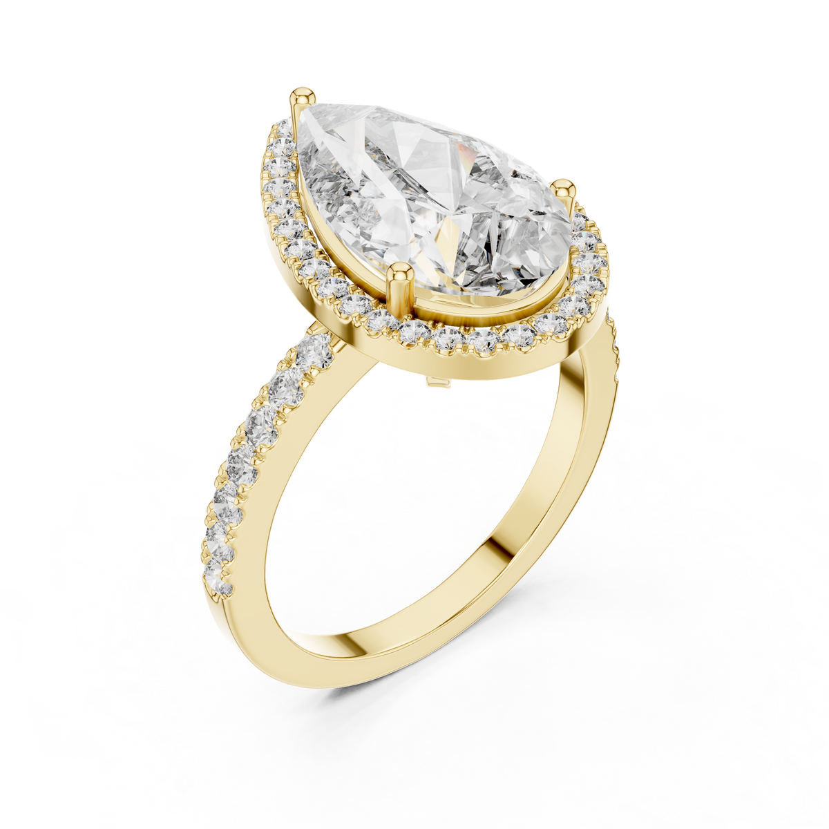 Front view of a stunning pear-cut diamond halo engagement ring in yellow gold