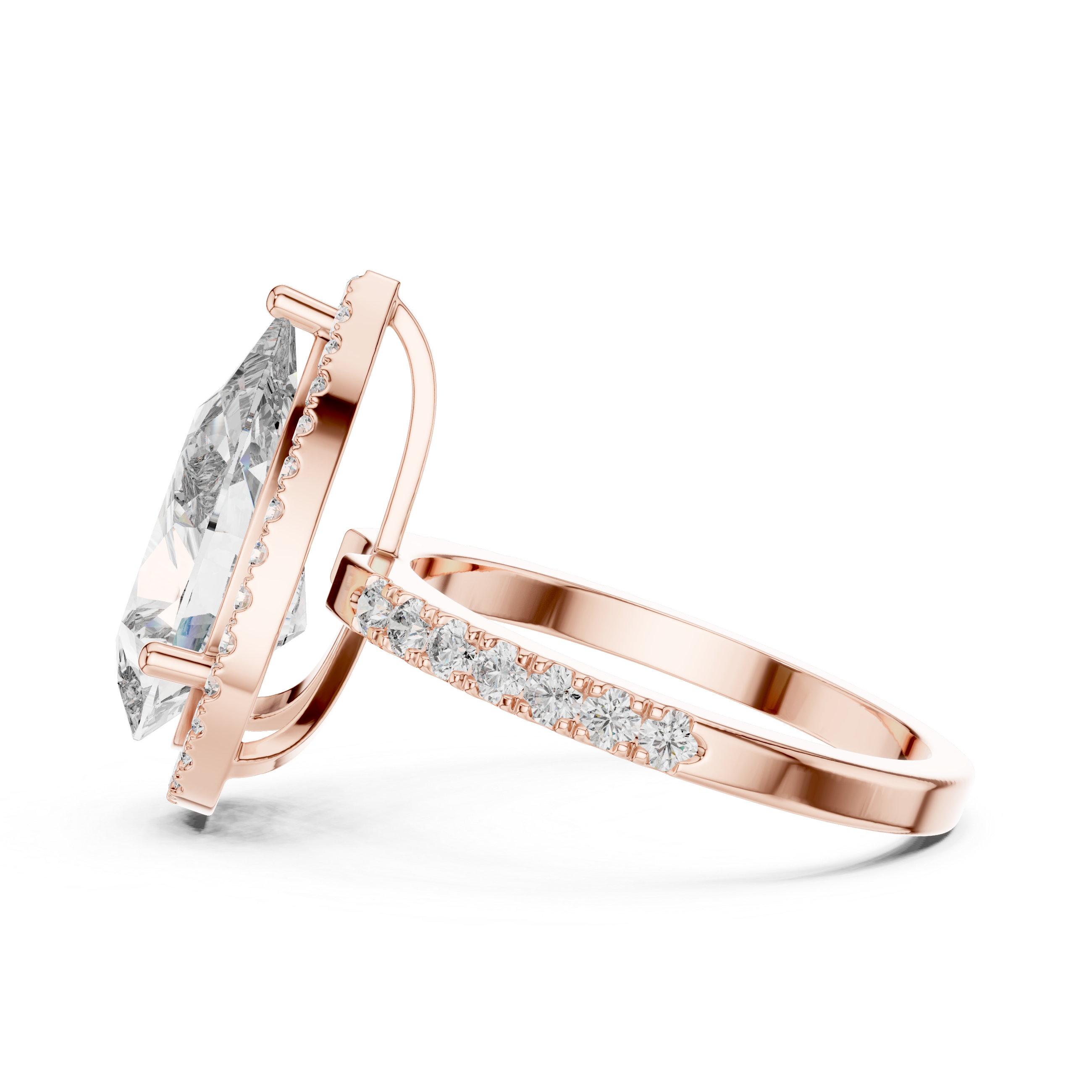 Side view of a pear-cut diamond engagement ring with a hidden halo in rose gold