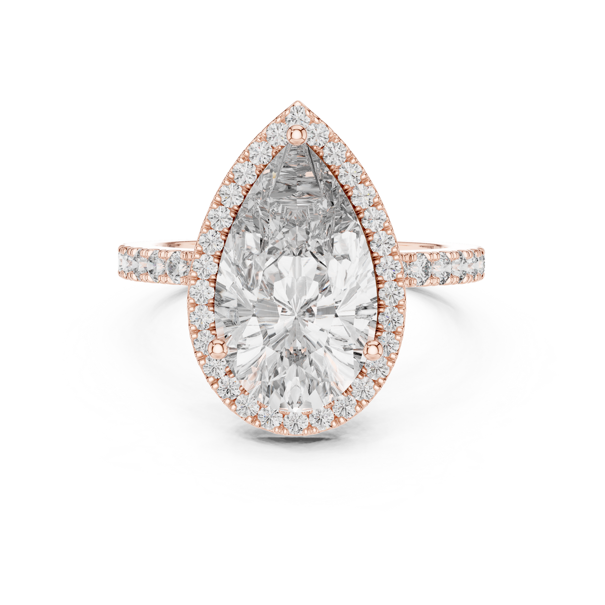 Pear cut lab grown diamond halo engagement ring in rose gold, front view