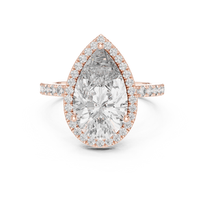 Pear cut lab grown diamond halo engagement ring in rose gold, front view