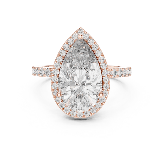 Pear cut lab grown diamond halo engagement ring in rose gold, front view