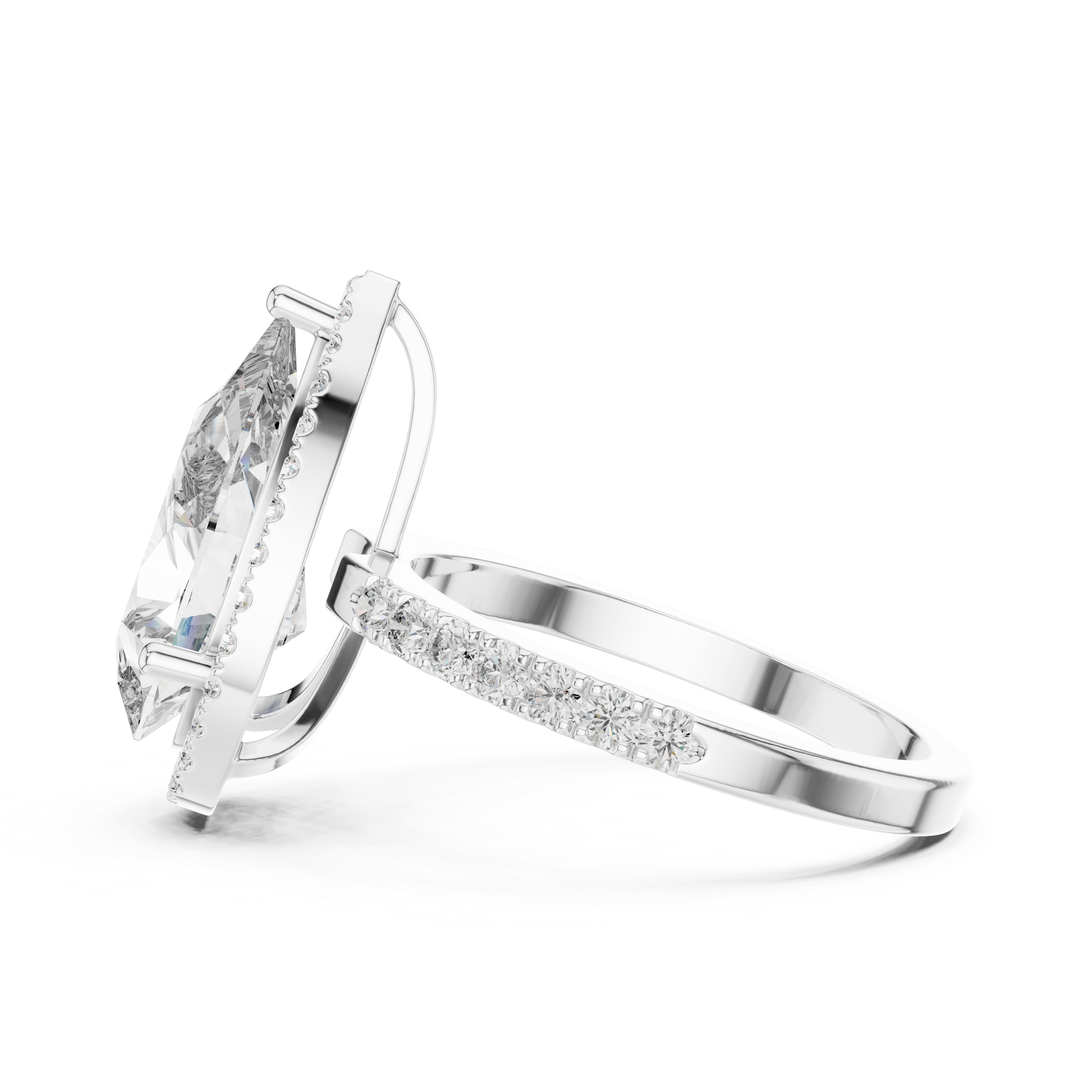 Side profile of a pear-cut diamond engagement ring in white gold with a delicate hidden halo