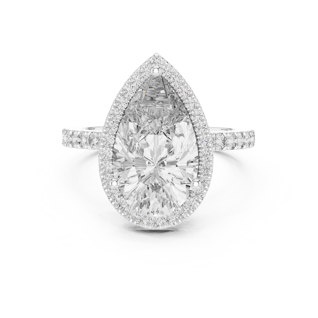 Front view of a stunning pear-cut diamond halo engagement ring in white gold