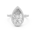 Front view of a stunning pear-cut diamond halo engagement ring in white gold