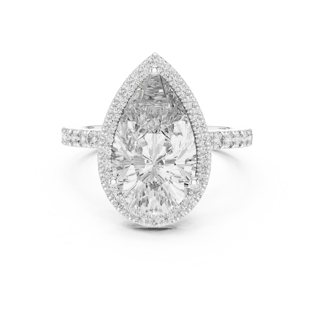 Front view of a stunning pear-cut diamond halo engagement ring in white gold