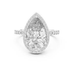 Front view of a stunning pear-cut diamond halo engagement ring in white gold