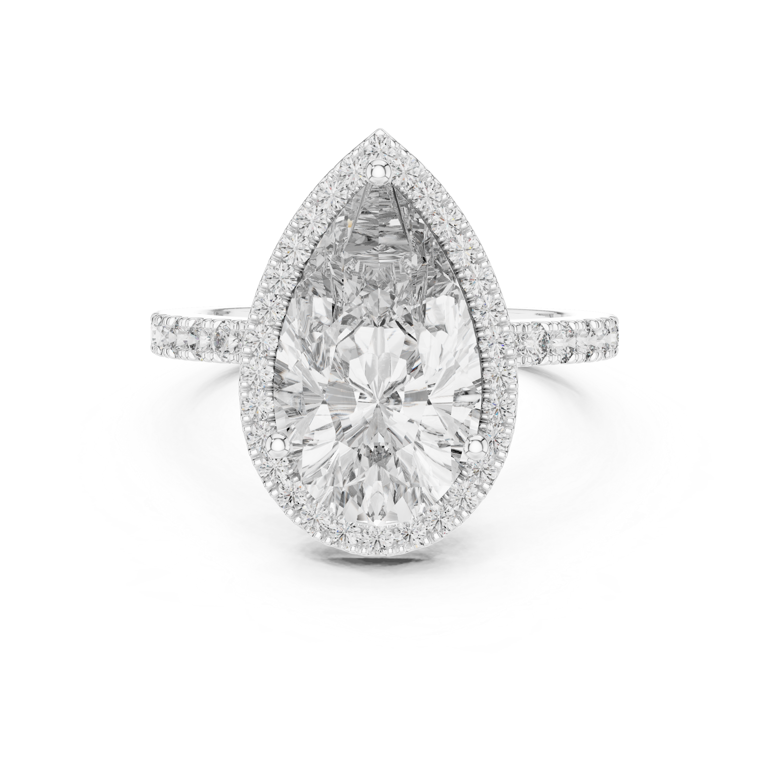 Front view of a stunning pear-cut diamond halo engagement ring in white gold