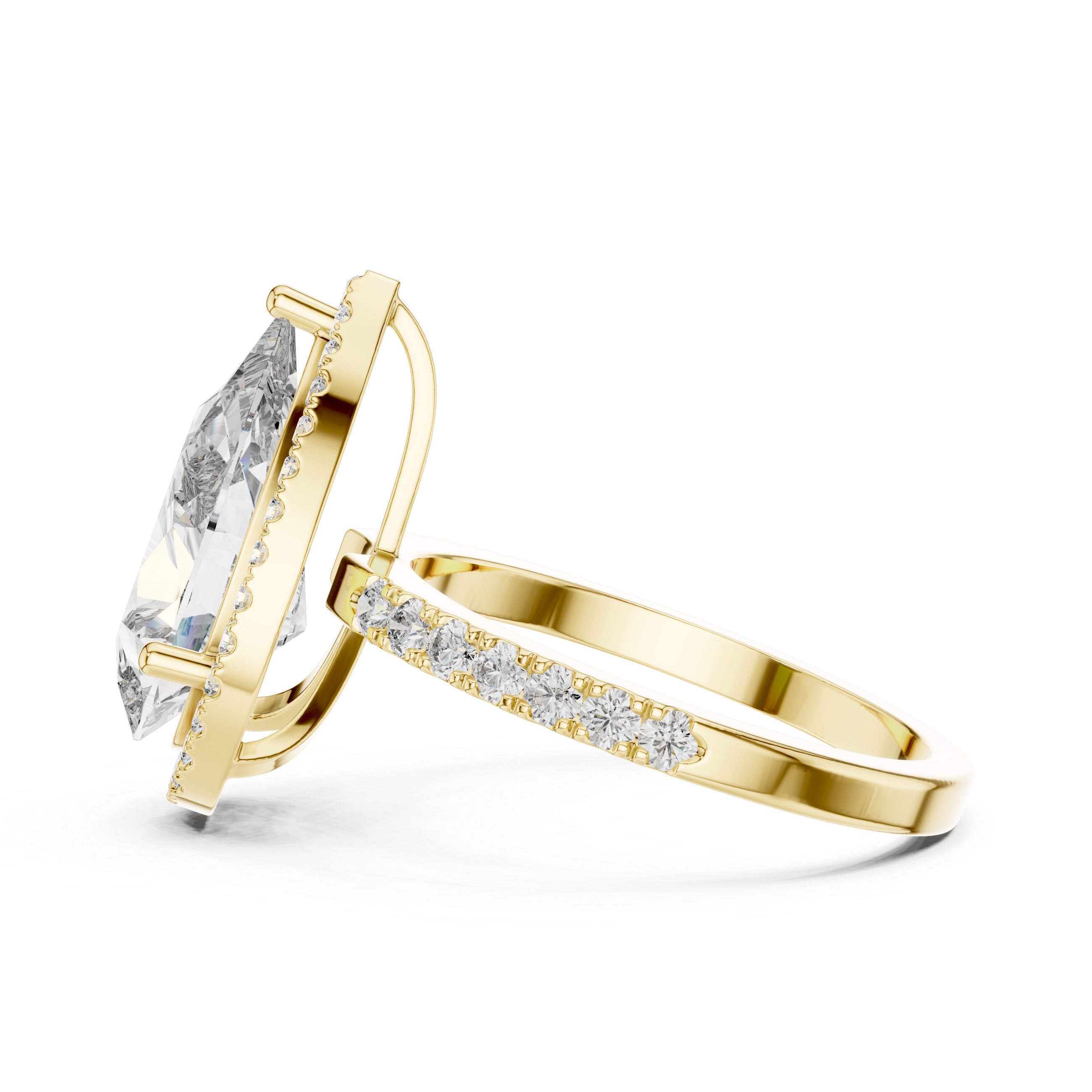 Side profile of a pear-cut diamond engagement ring in yellow gold with a hidden halo