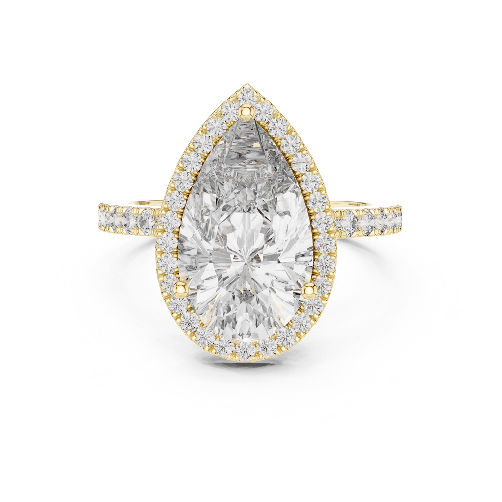 Front view of a stunning pear-cut diamond halo engagement ring in yellow gold