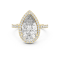 Front view of a stunning pear-cut diamond halo engagement ring in yellow gold