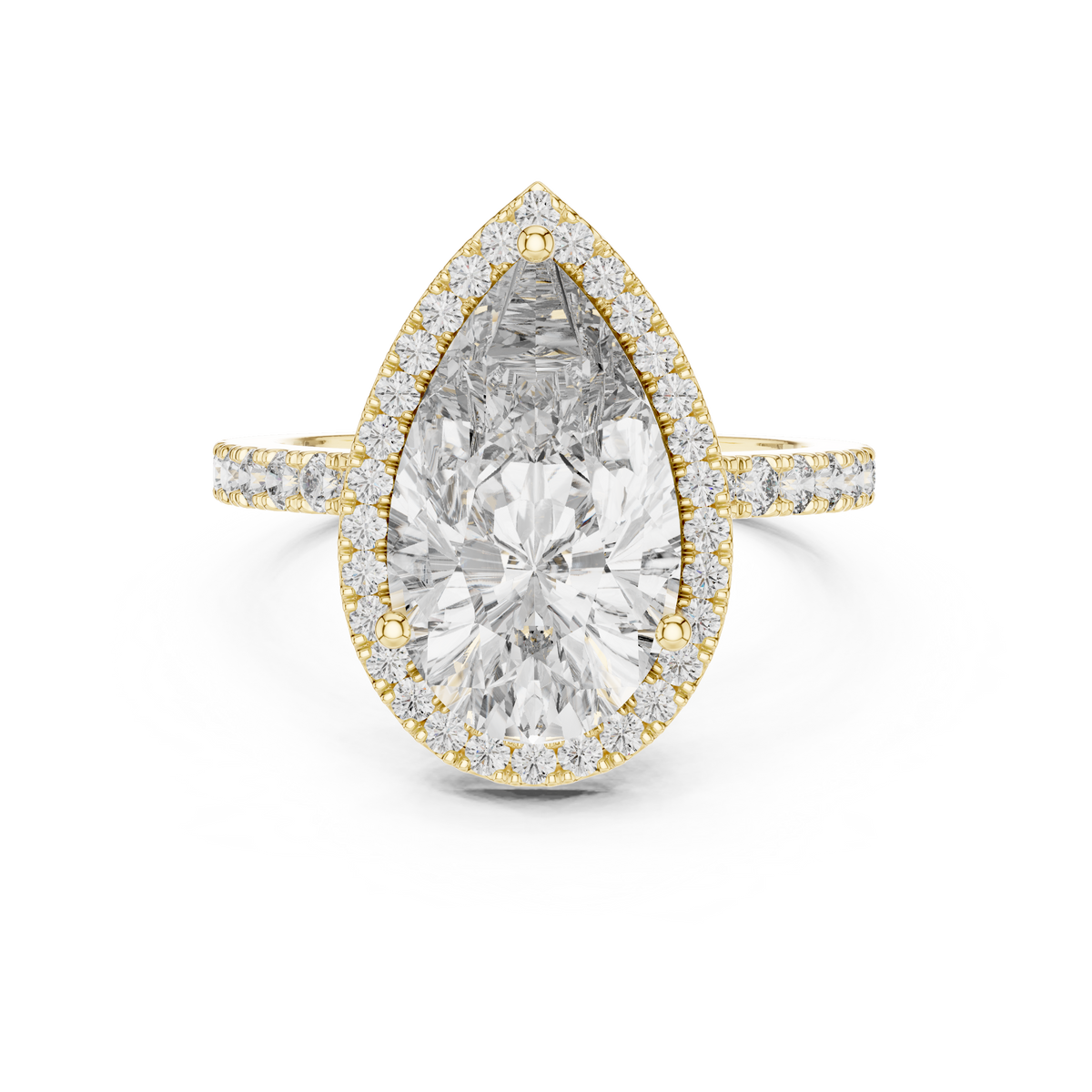 Front view of a stunning pear-cut diamond halo engagement ring in yellow gold