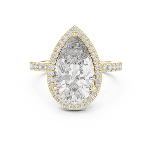 Front view of a stunning pear-cut diamond halo engagement ring in yellow gold