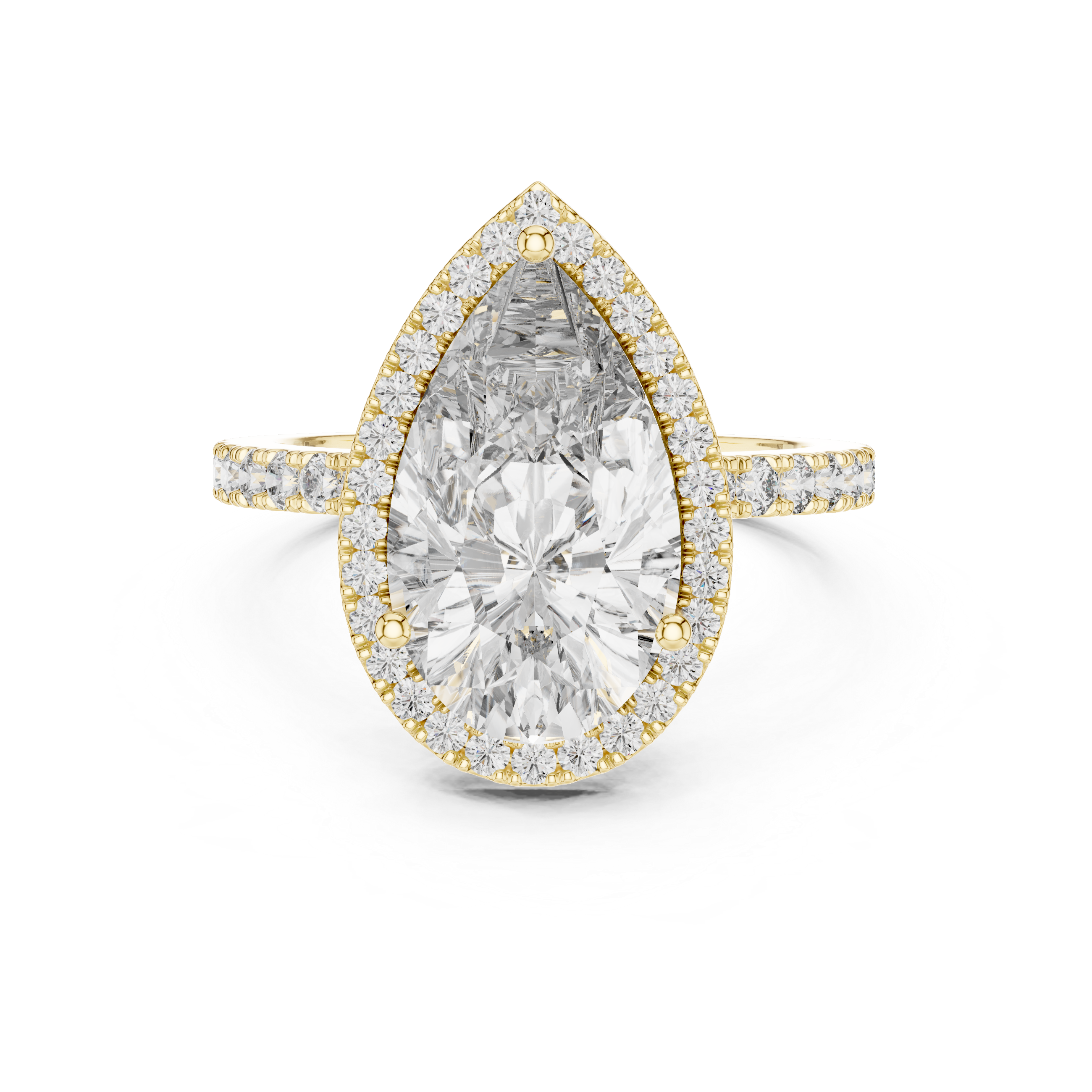 Front view of a stunning pear-cut diamond halo engagement ring in yellow gold
