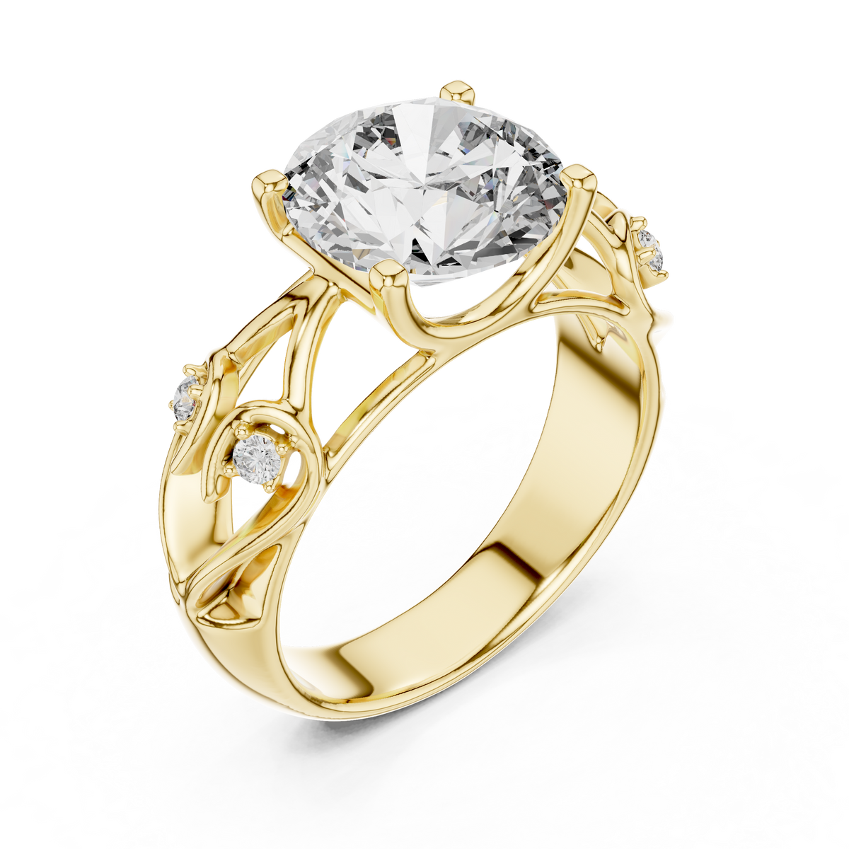 Solitaire Lab-Grown Diamond Engagement Ring with Intricate Filigree Band in Yellow Gold