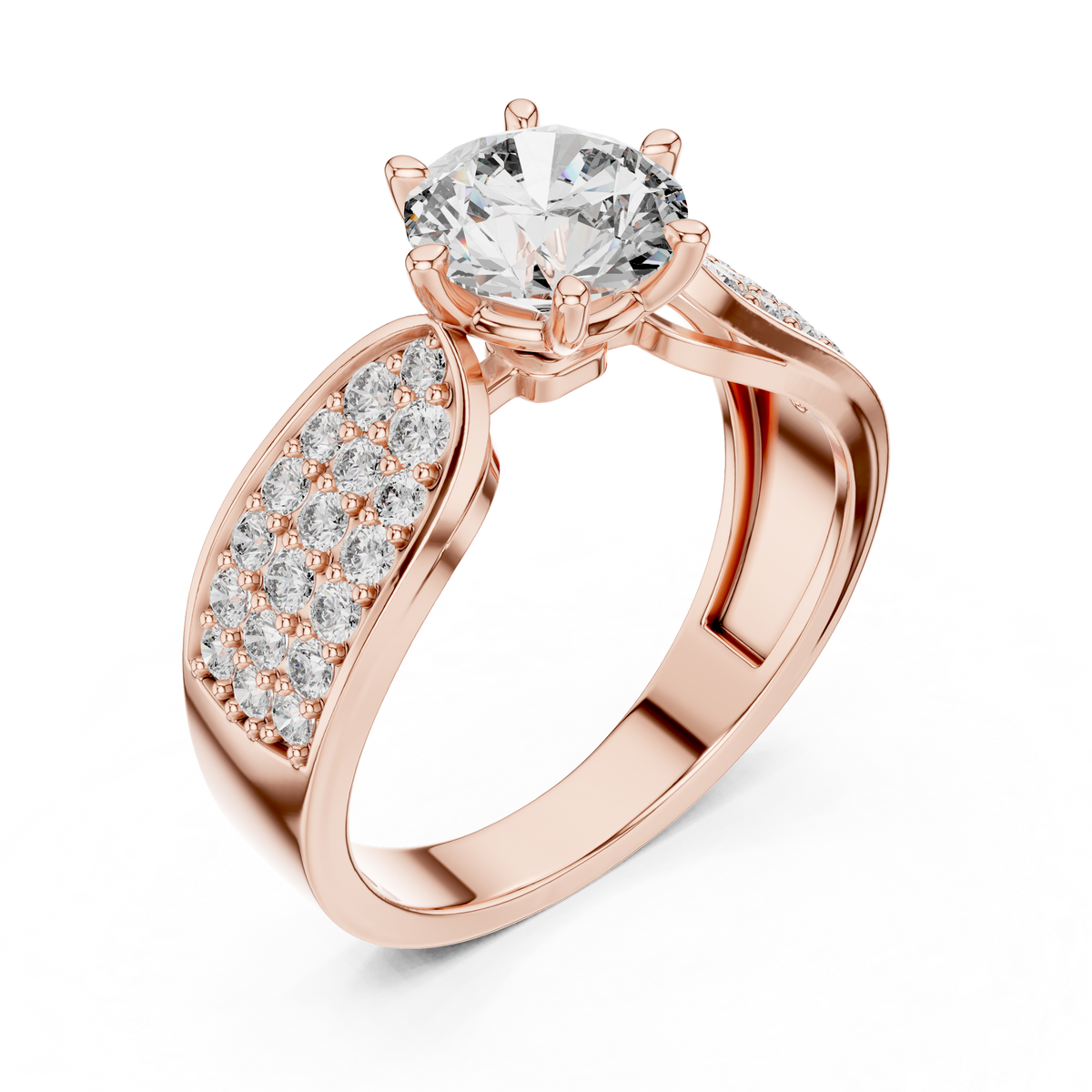 Rose gold split shank engagement ring featuring a round brilliant-cut lab-grown diamond center stone and pavé-set diamond shoulders on a transparent background.