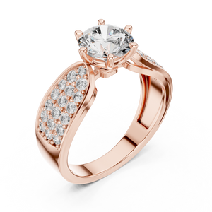 Rose gold split shank engagement ring featuring a round brilliant-cut lab-grown diamond center stone and pavé-set diamond shoulders on a transparent background.