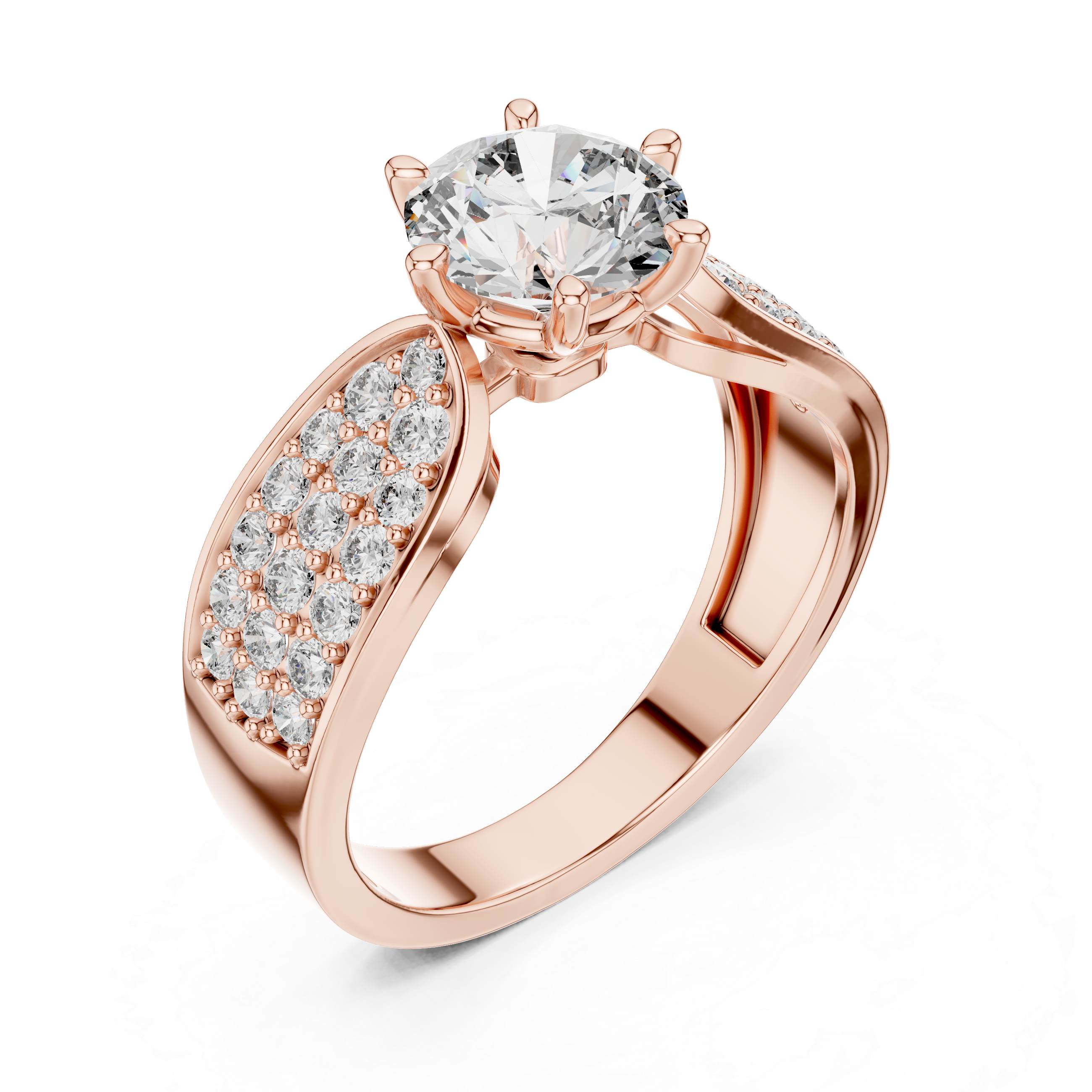 Rose gold split shank engagement ring featuring a round brilliant-cut lab-grown diamond center stone and pavé-set diamond shoulders on a transparent background.